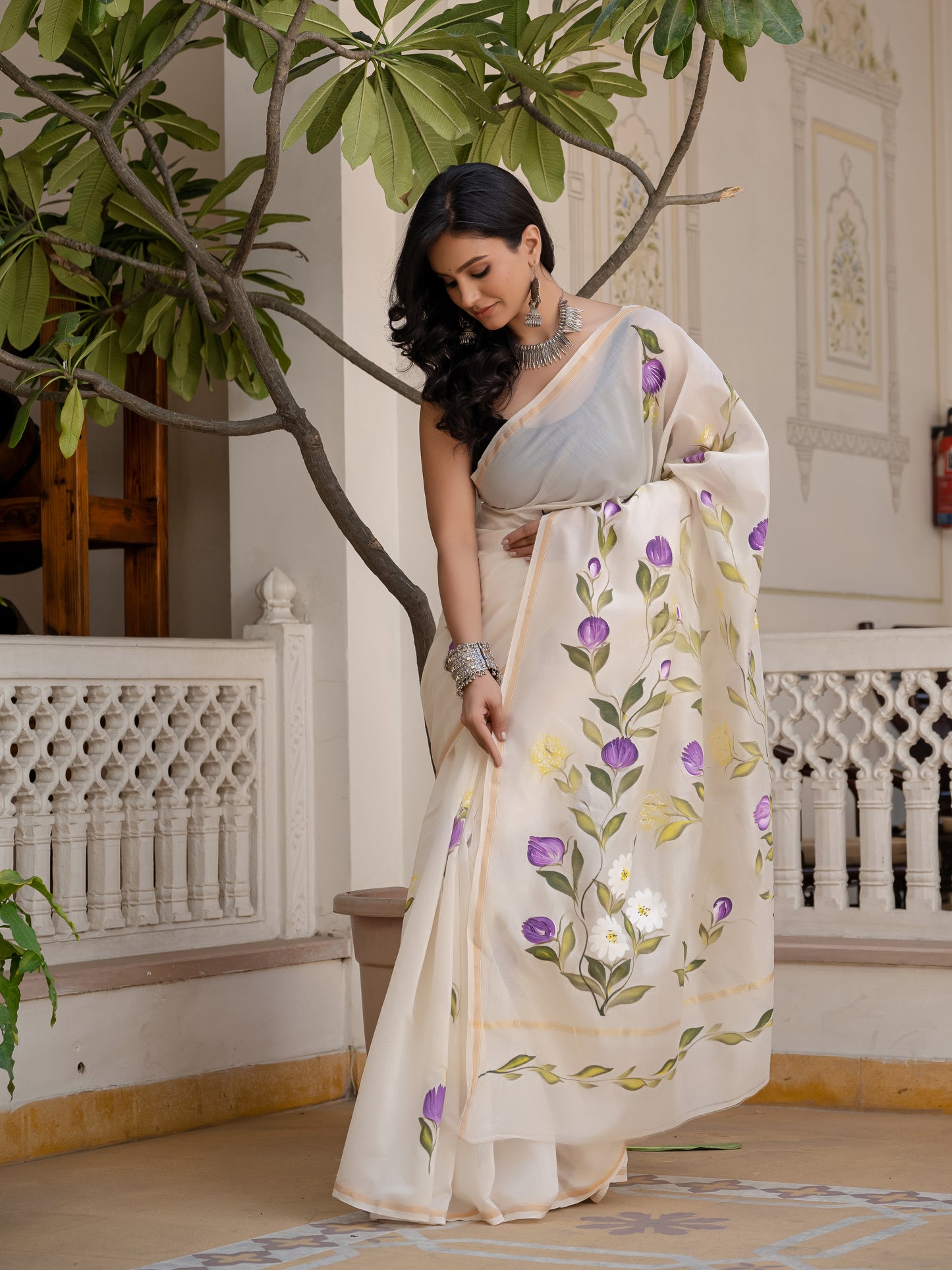 White Hand Painted Chanderi Silk Saree