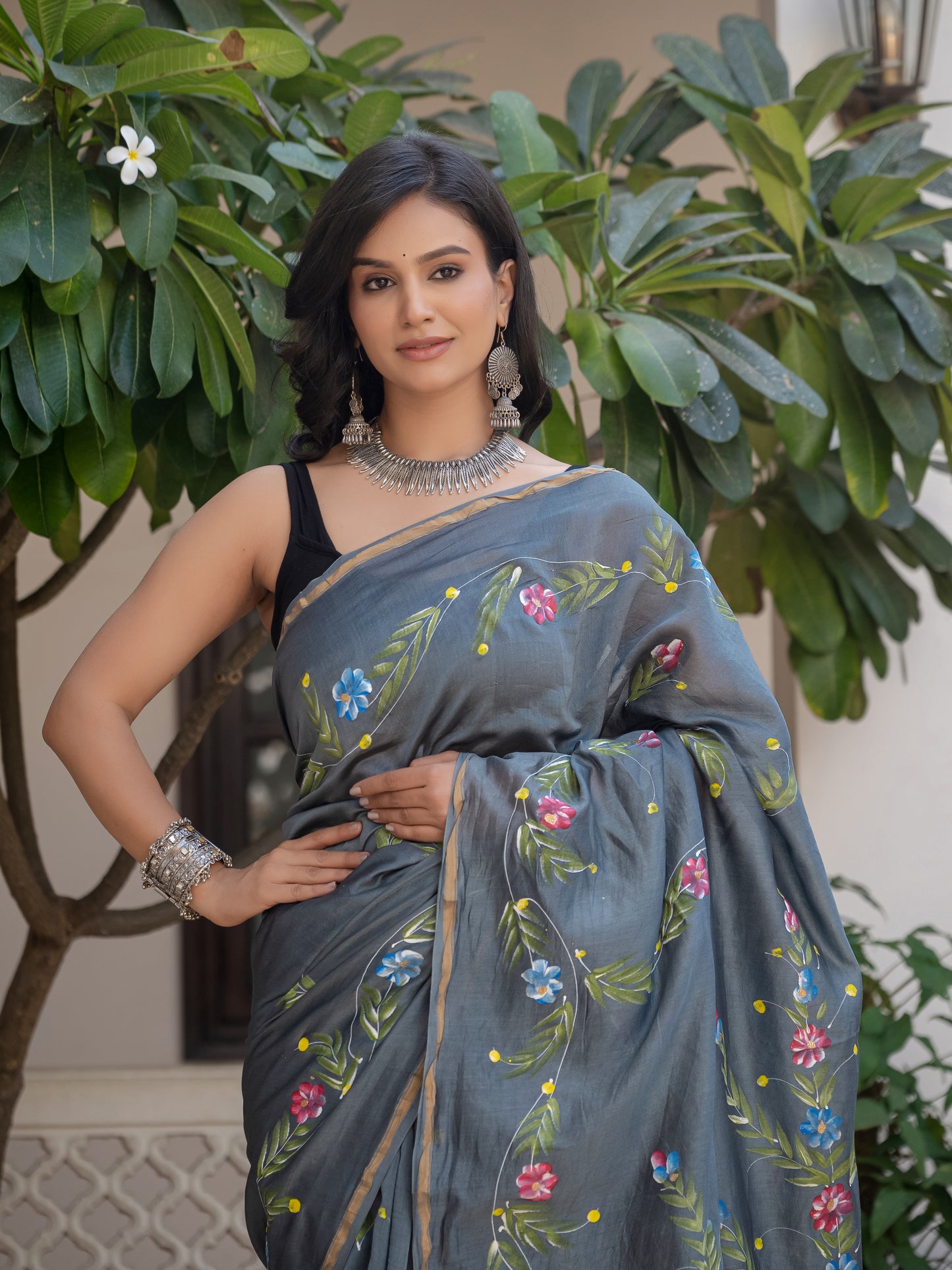 Grey hand painted silk saree