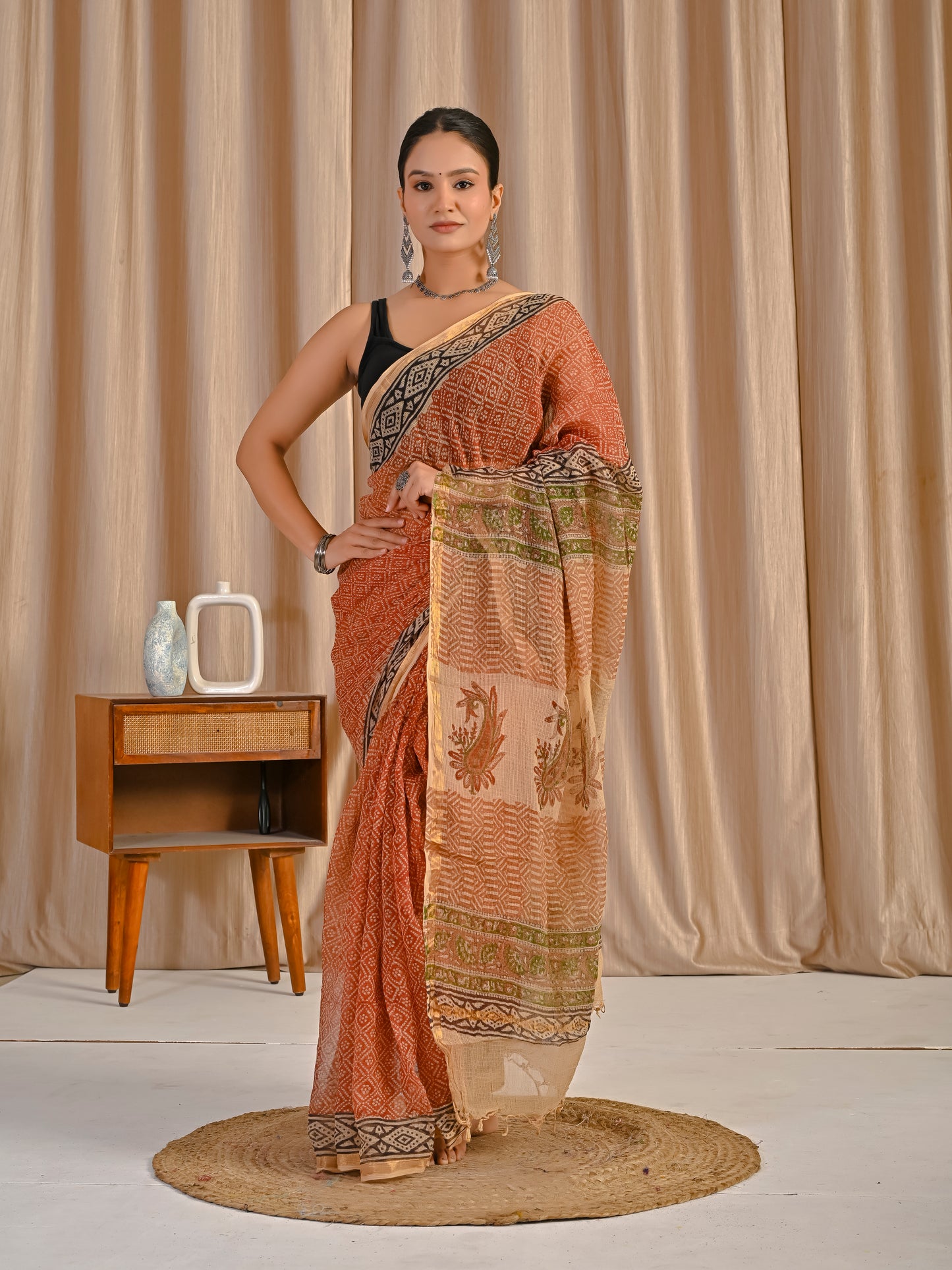 Bagru printed red jaal pure kota doriya saree