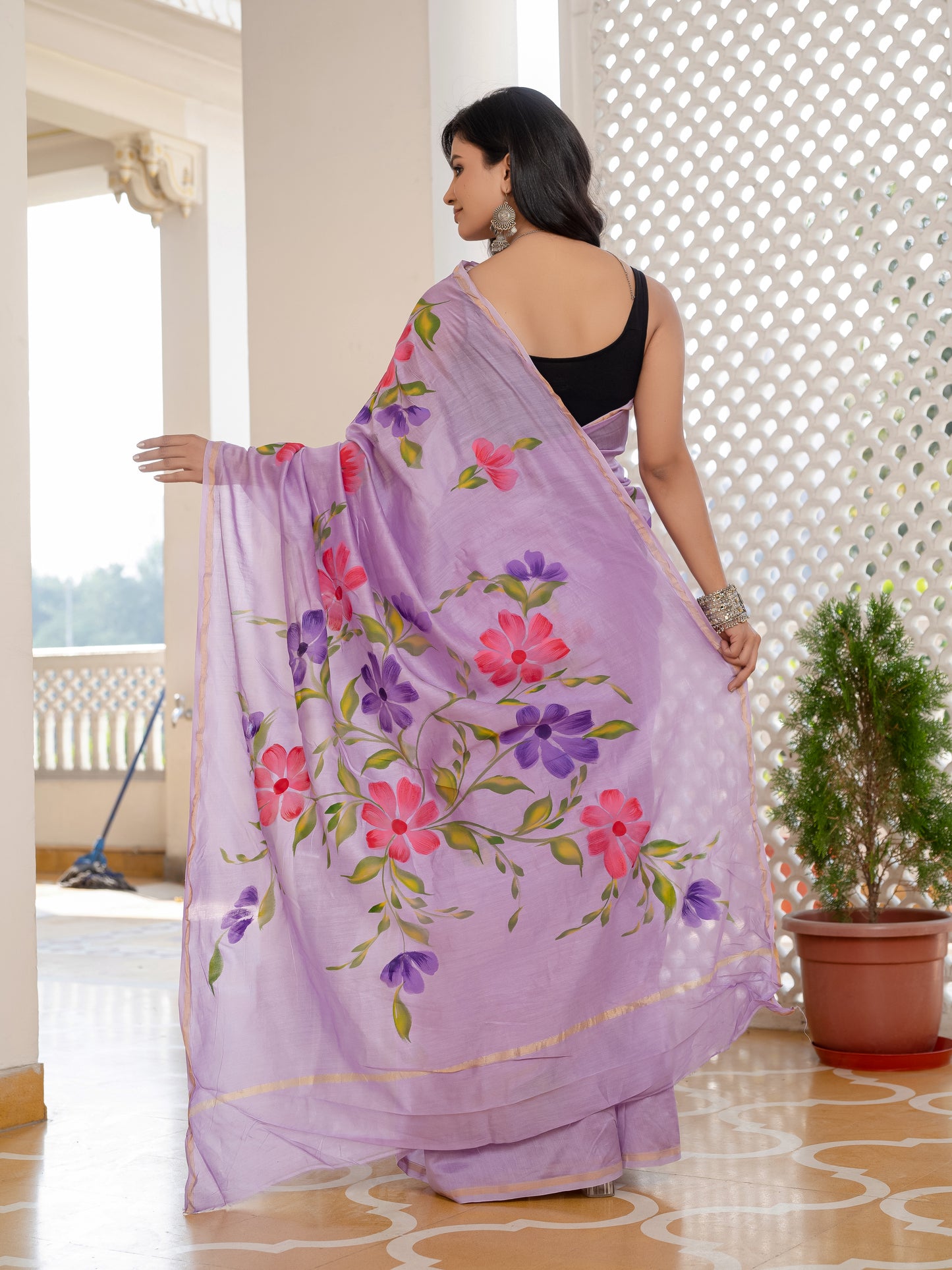 Lilac Hand Painted Chanderi Silk Saree