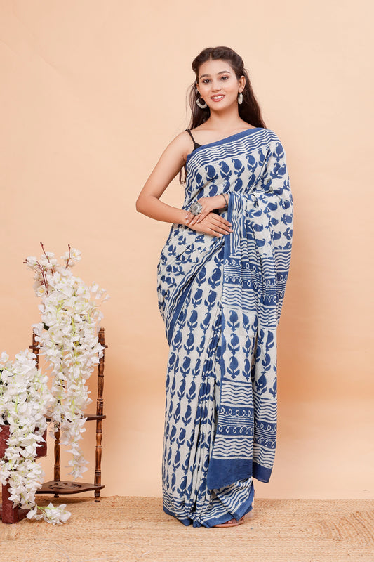Indigo kairi Hand Block Printed Mul Cotton Saree (Indigo Blue)