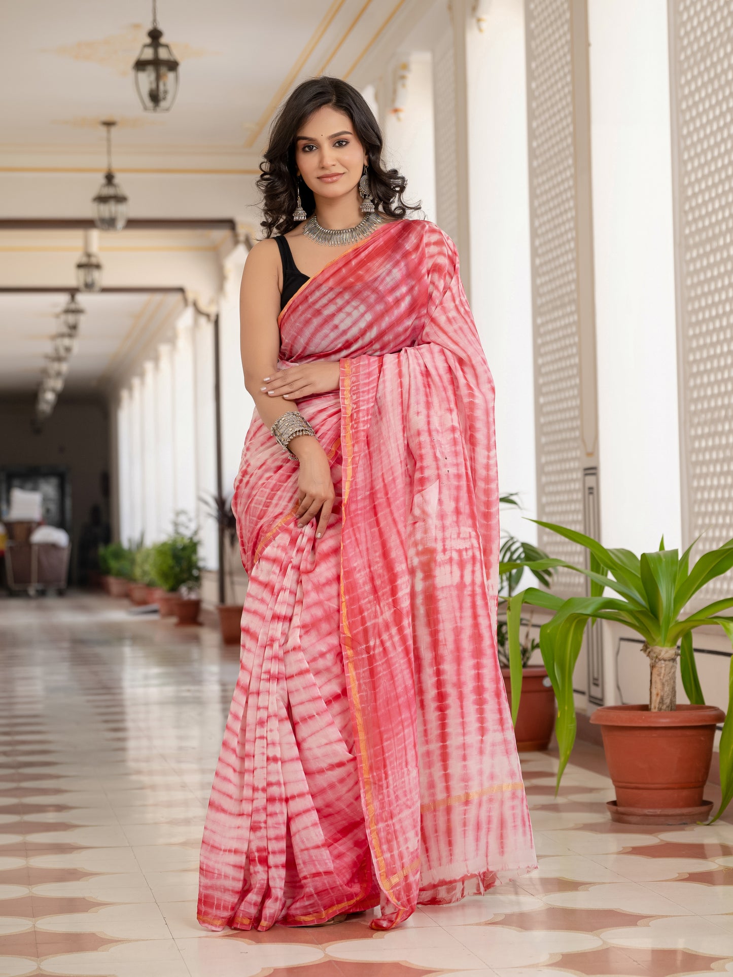 White & Red tie dye Chanderi Silk Saree