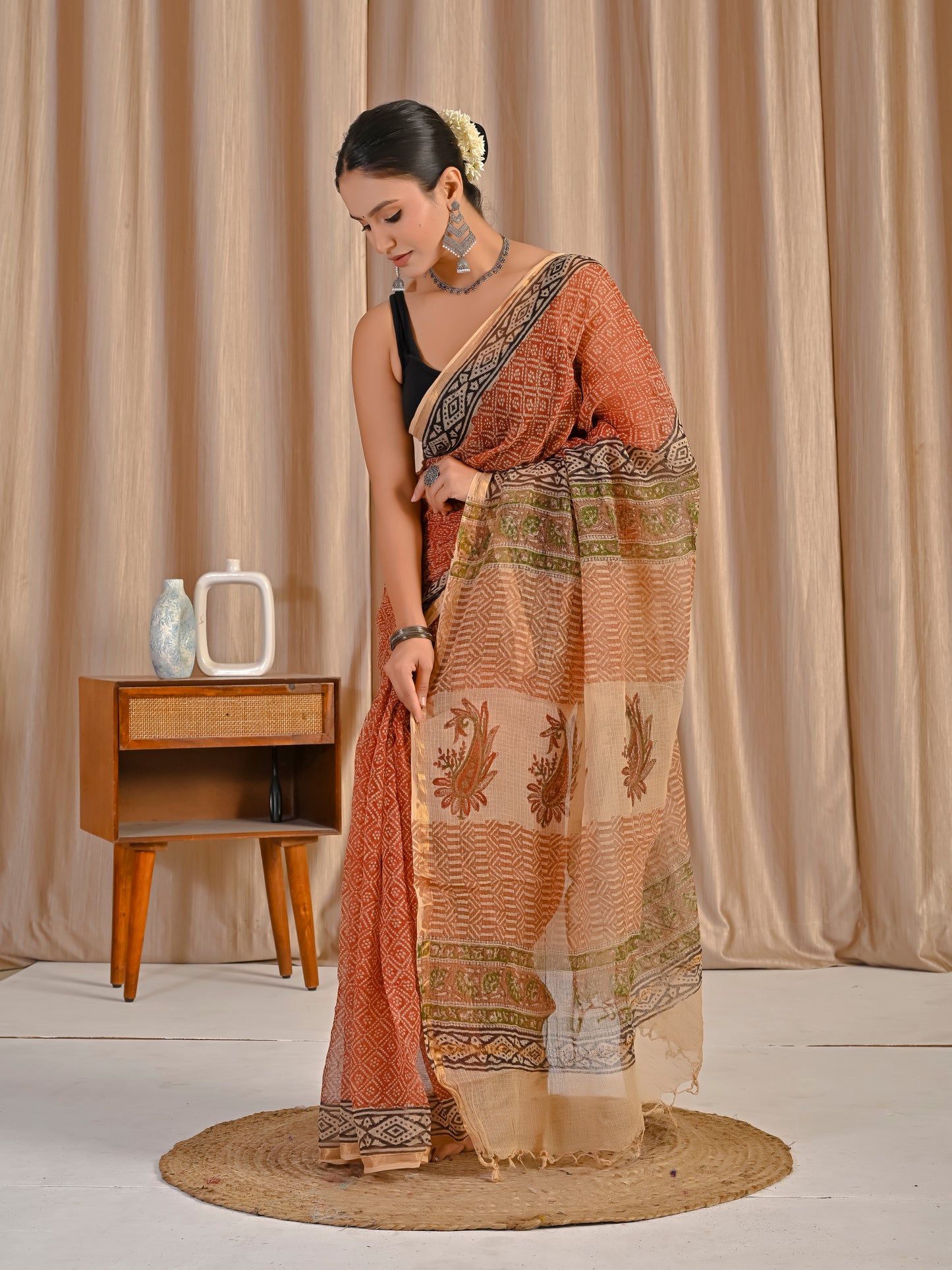 Bagru printed red jaal pure kota doriya saree