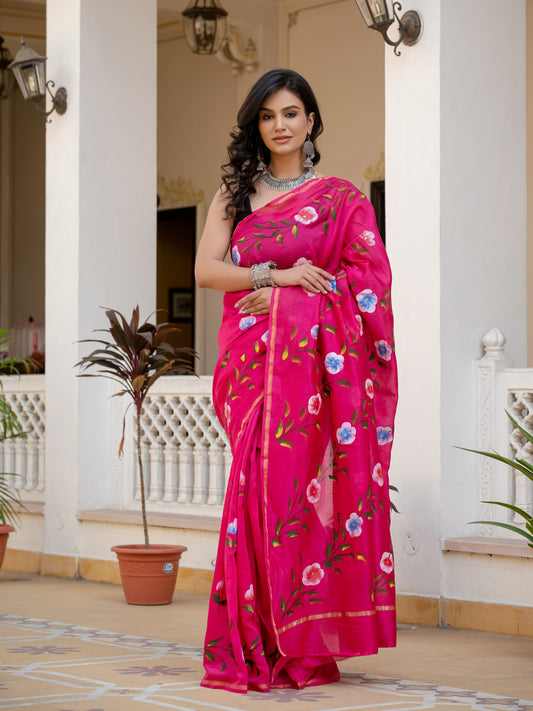 Pink hand painted Chanderi Silk Saree