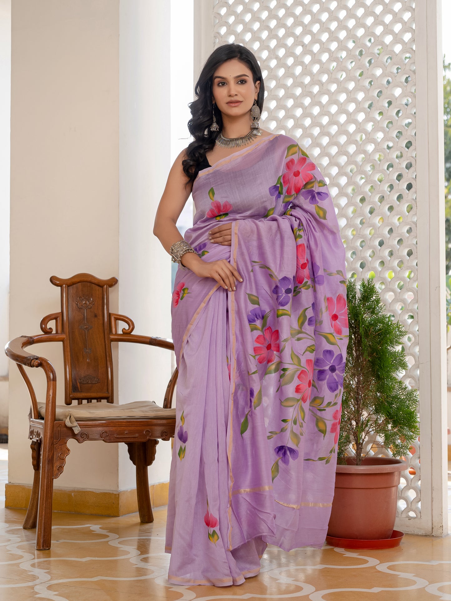 Lilac Hand Painted Chanderi Silk Saree