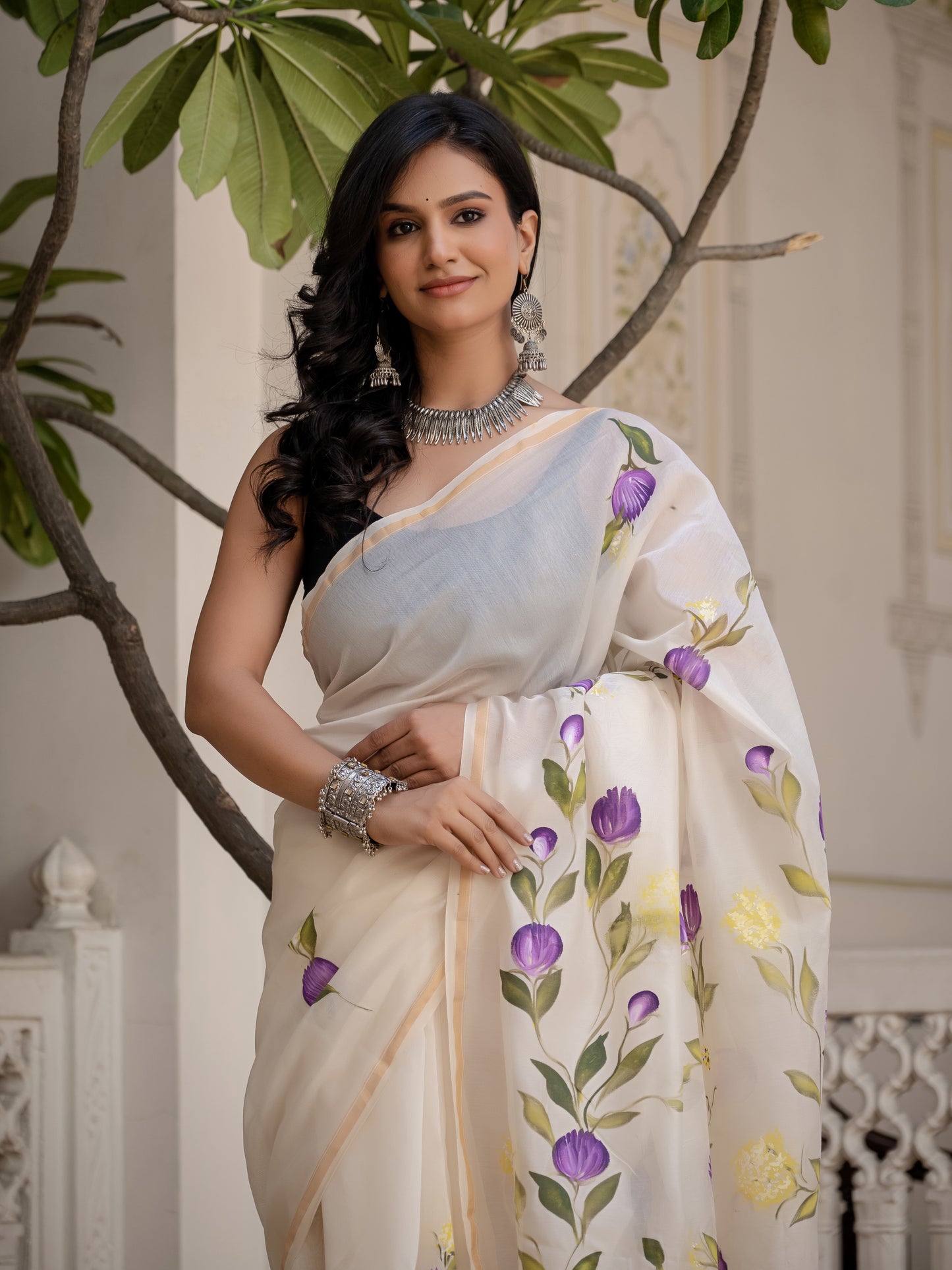 White Hand Painted Chanderi Silk Saree