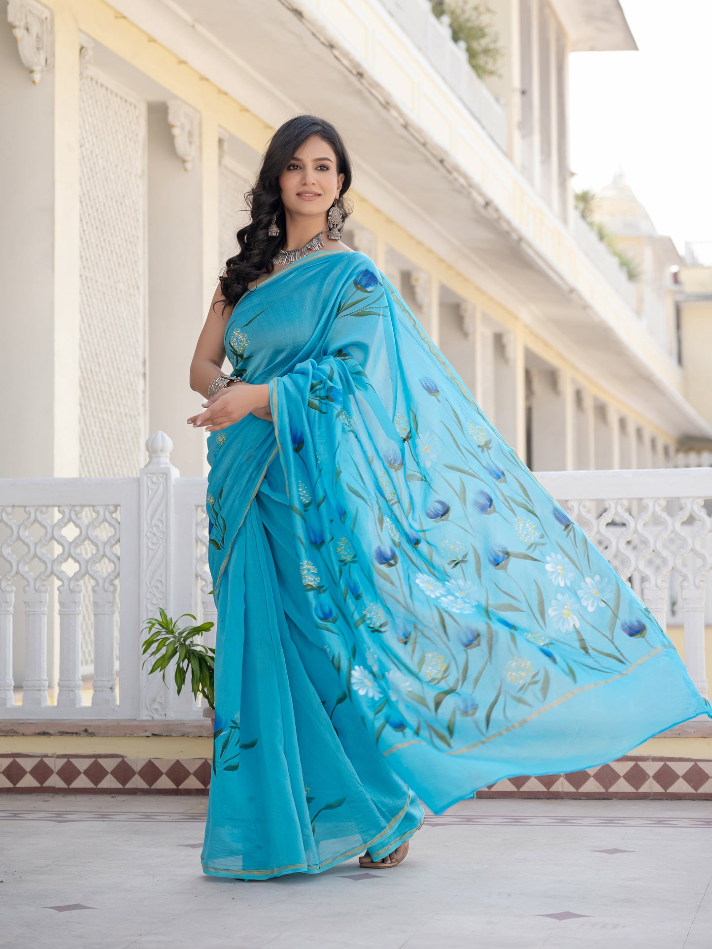 Sky hand painted Chanderi Silk Saree