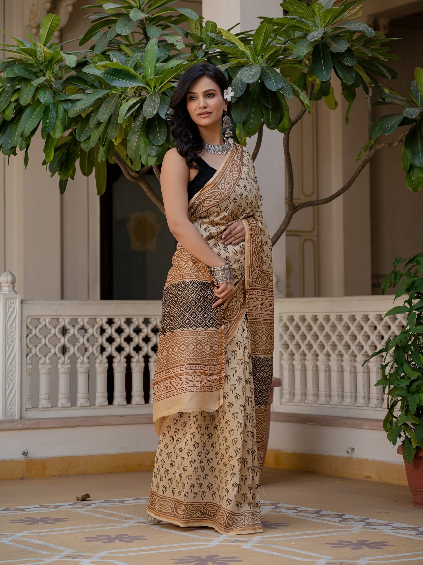Bagru khajoor print silk saree