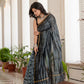 Grey black tie dye printed Chanderi Silk Saree