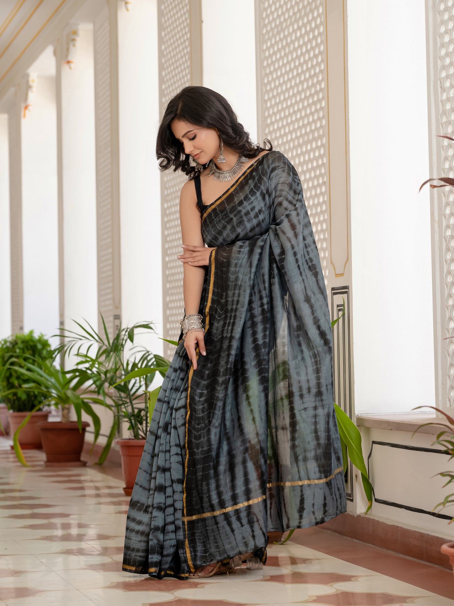 Grey black tie dye printed Chanderi Silk Saree