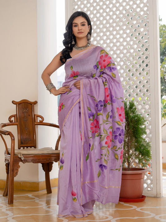Lilac Hand Painted Chanderi Silk Saree