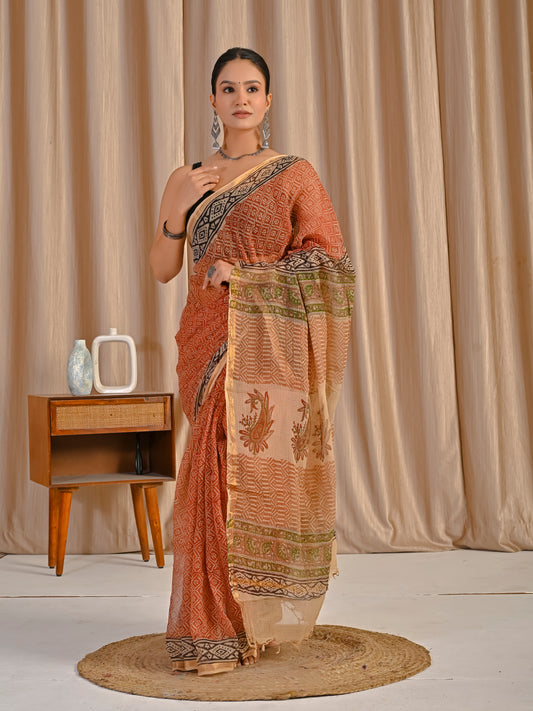 Bagru printed red jaal pure kota doriya saree