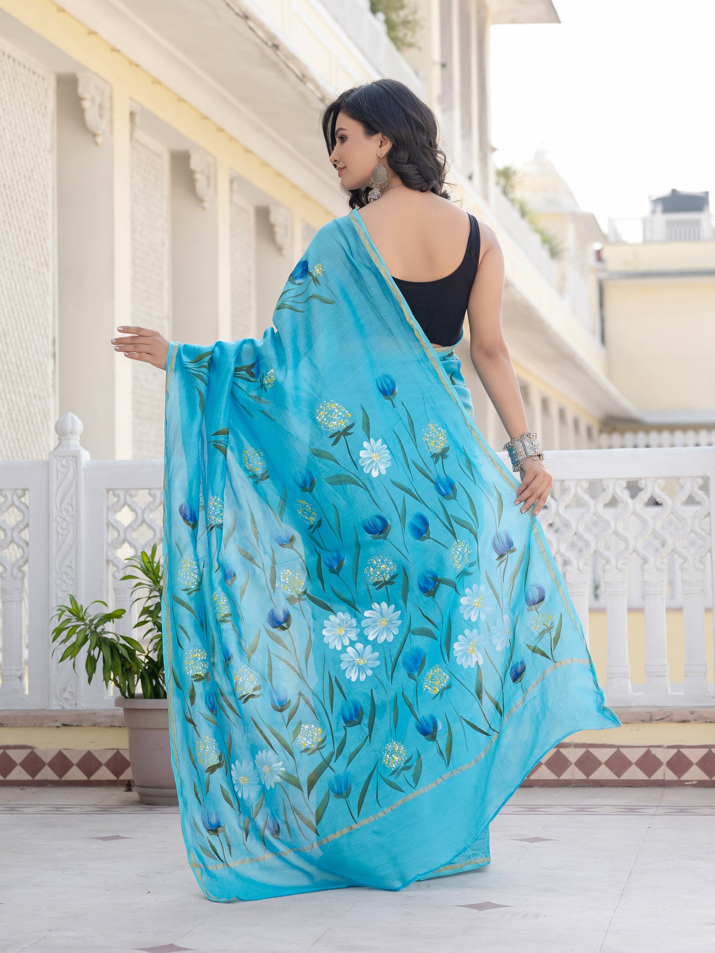 Sky hand painted Chanderi Silk Saree