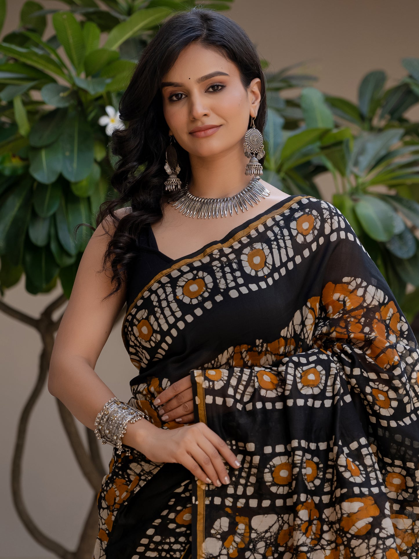 Black yellow batik printed silk saree